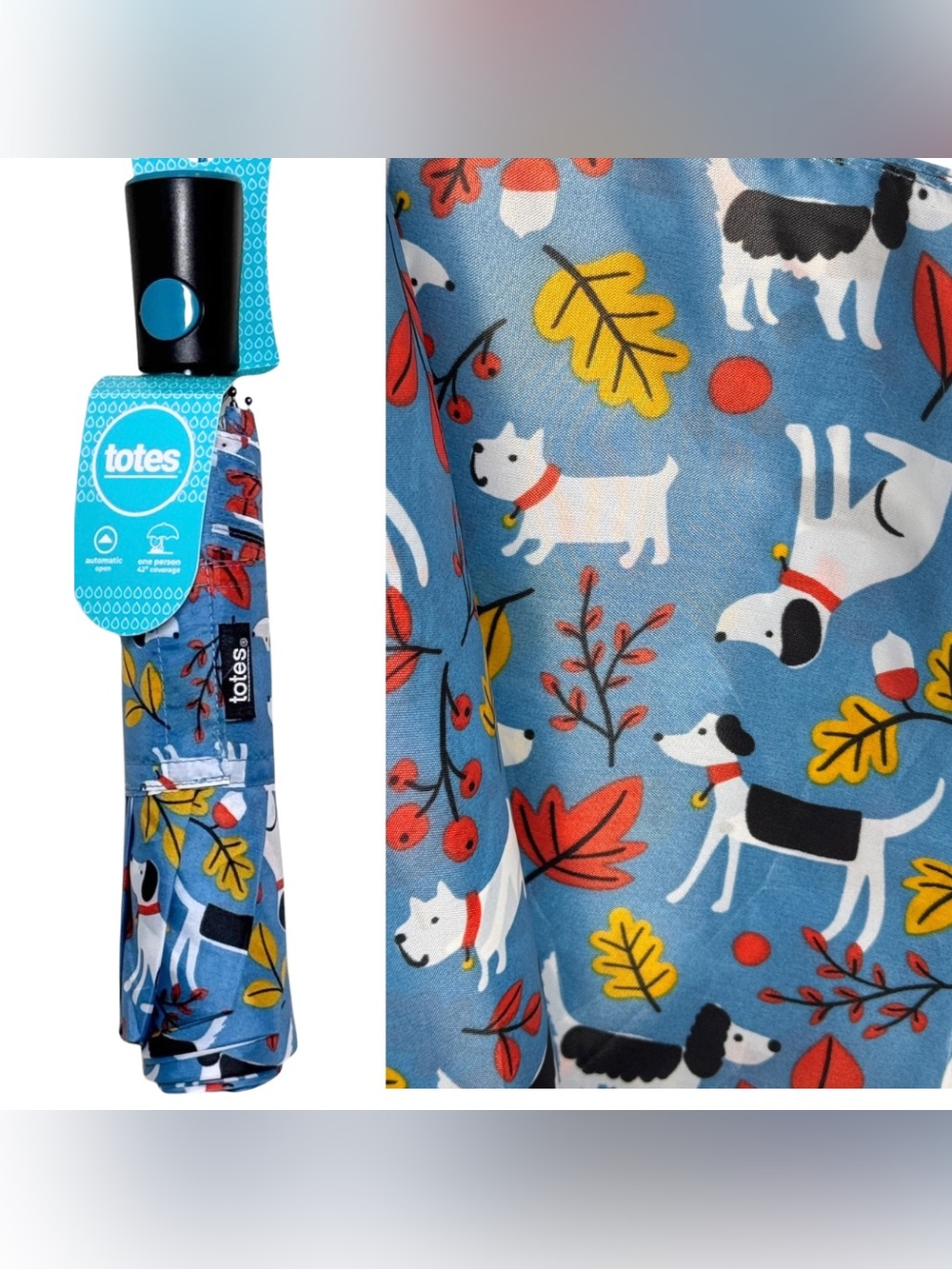 NWT Totes Automatic Compact Umbrella Dog Autumn Leaves Print Travel 42”